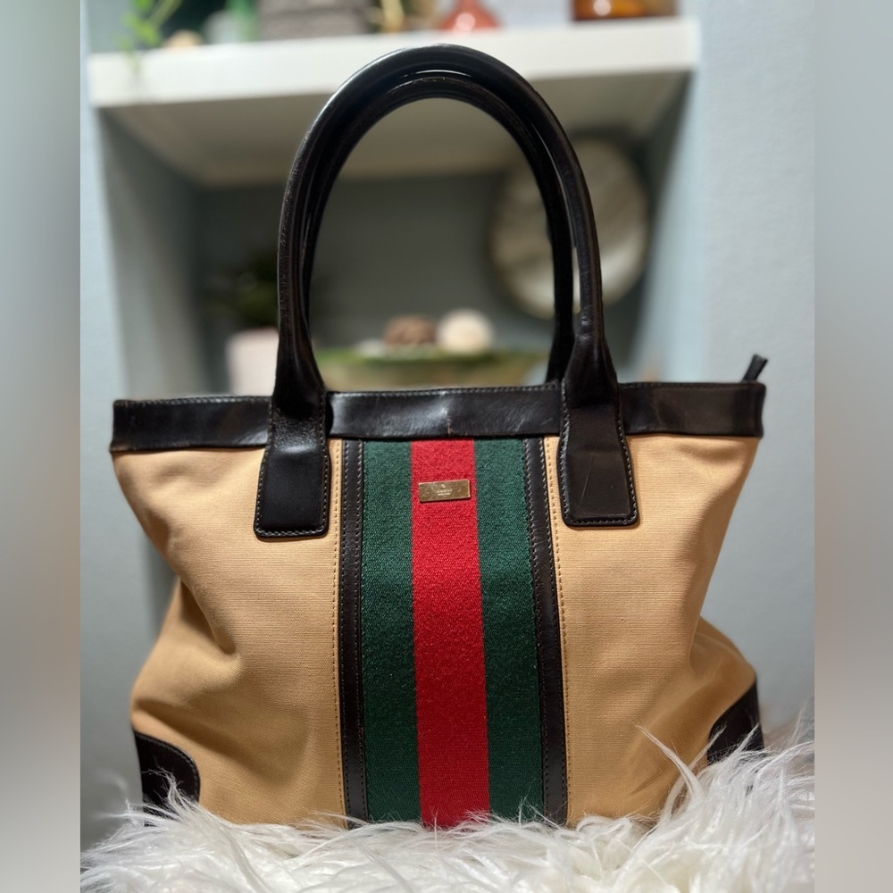GUCCI Web Sherry Line Tote Bag Canvas Leather Purse- 💎Authenticated 💎